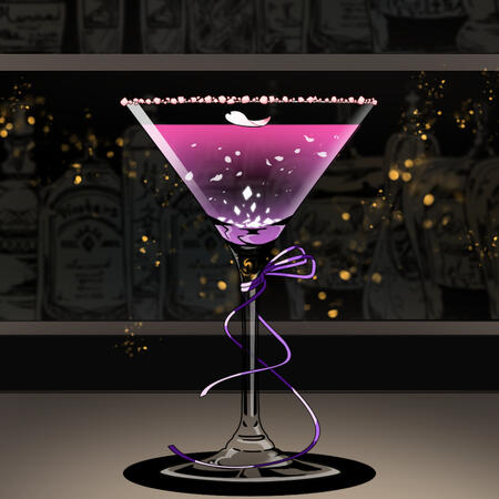 Levin Spark An electric, color shifting drink with lemon juice, butterfly pea flower tea, triple sec, and vodka. Decorated with a purple and pink sugar rim, and peony petals floating on top.