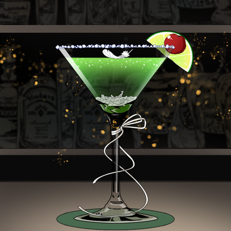 Glowing Vortex A bright green drink; Midori, lime juice, lemon juice, and soda water. Sugar crystals decorate the rim, giving the illusion that stars dance within. Garnished with a lime and cherry pick, with a feather floating on top, literally!