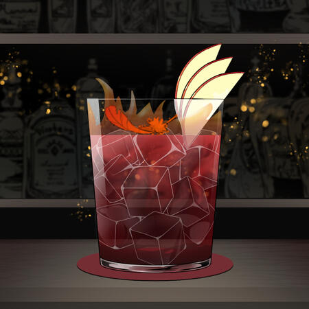 Phoenix Flame A firey drink made with apple juice, fireball, whiskey, and moonshine, with a layer of bacardi 151 on top to spark a flame on the drink&#39;s surface. garnished with a phoenix feather and an apple slice on the rim of the glass.